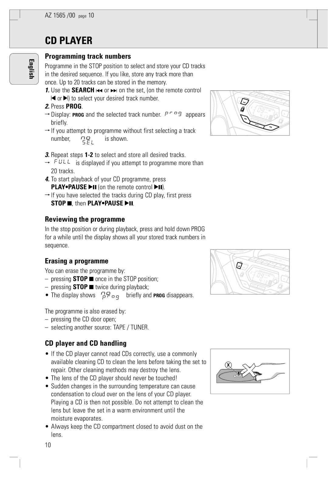 Philips AZ 1565/00 Programming track numbers, Reviewing the programme, Erasing a programme, CD player and CD handling 