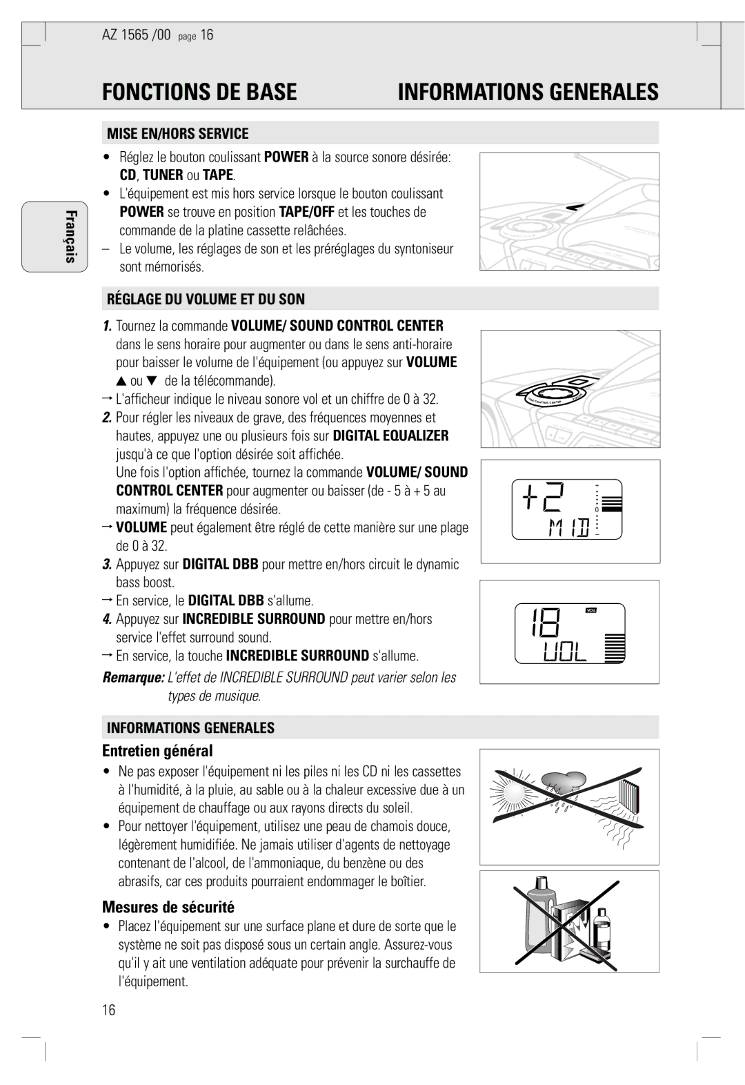 Philips AZ 1565/00 manual Fonctions DE Base, Entretien général, Mesures de sécurité 