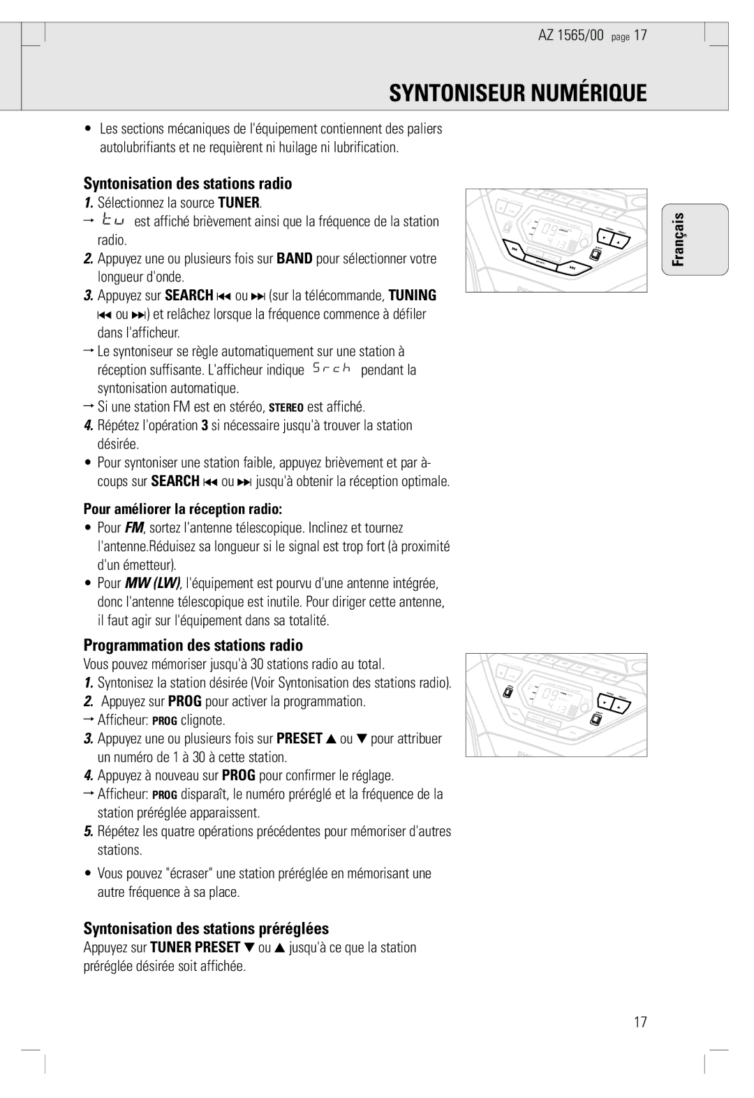 Philips AZ 1565/00 manual Syntoniseur Numérique, Syntonisation des stations radio, Programmation des stations radio 