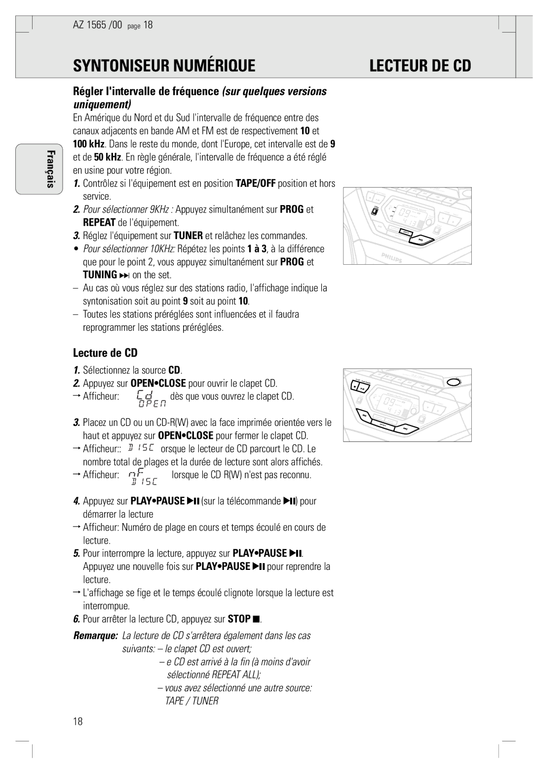 Philips AZ 1565/00 manual Lecture de CD, Tuning ¤ on the set 