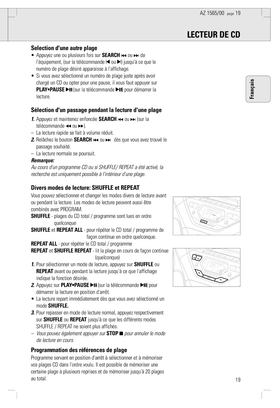 Philips AZ 1565/00 manual Lecteur DE CD, Selection dune autre plage, Divers modes de lecture Shuffle et Repeat, Remarque 