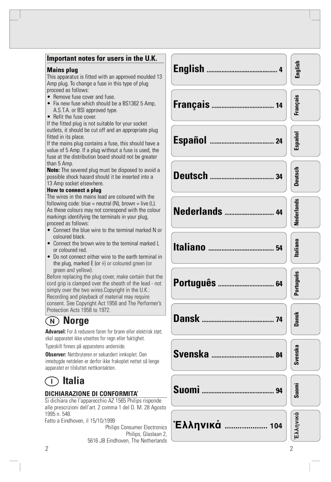 Philips AZ 1565/00 Important notes for users in the U.K, ÎììèîéëÀ 104, Mains plug, Dichiarazione DI CONFORMITA’, Suomi 