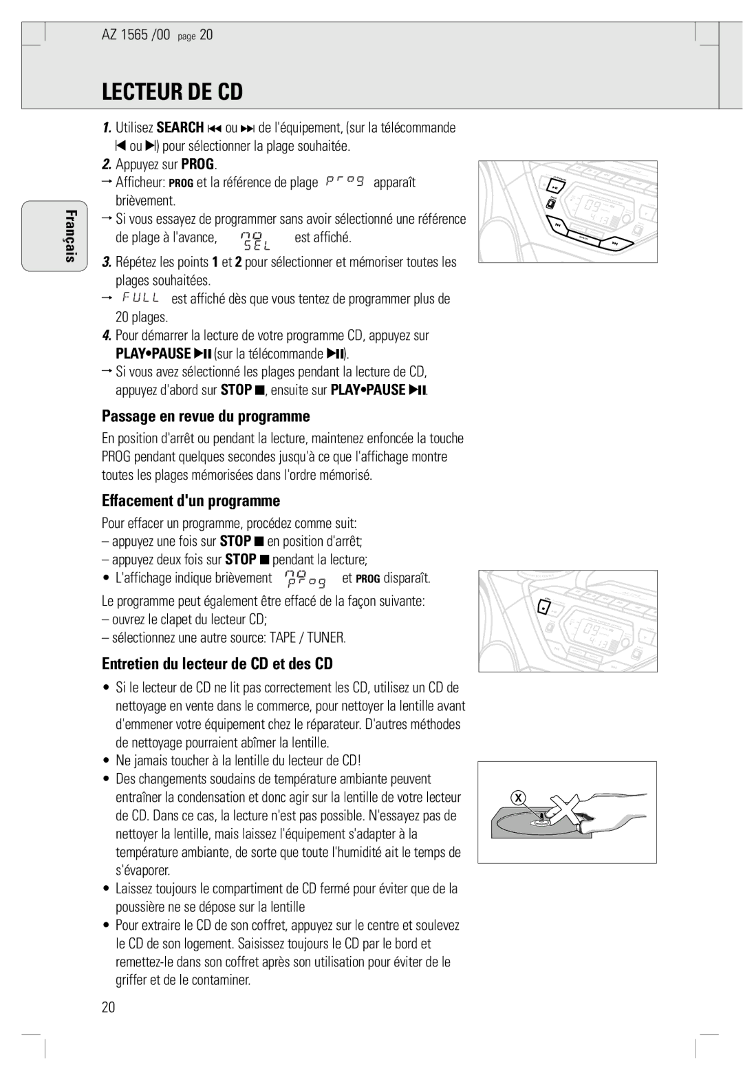 Philips AZ 1565/00 manual Passage en revue du programme, Effacement dun programme, Entretien du lecteur de CD et des CD 