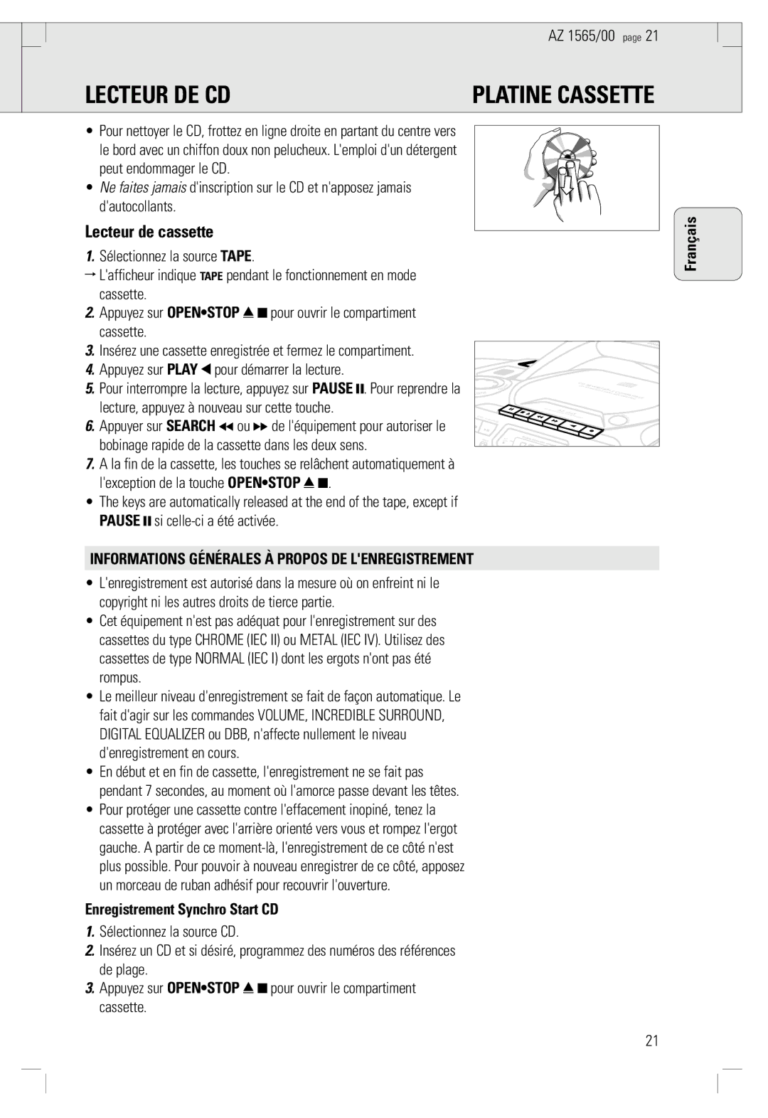 Philips AZ 1565/00 manual Lecteur DE CD Platine Cassette, Lecteur de cassette, Appuyez sur Play 1 pour démarrer la lecture 