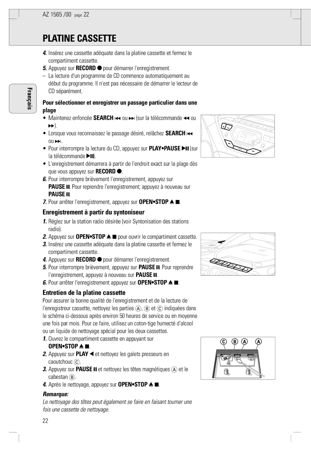 Philips AZ 1565/00 manual Enregistrement à partir du syntoniseur, Entretien de la platine cassette 