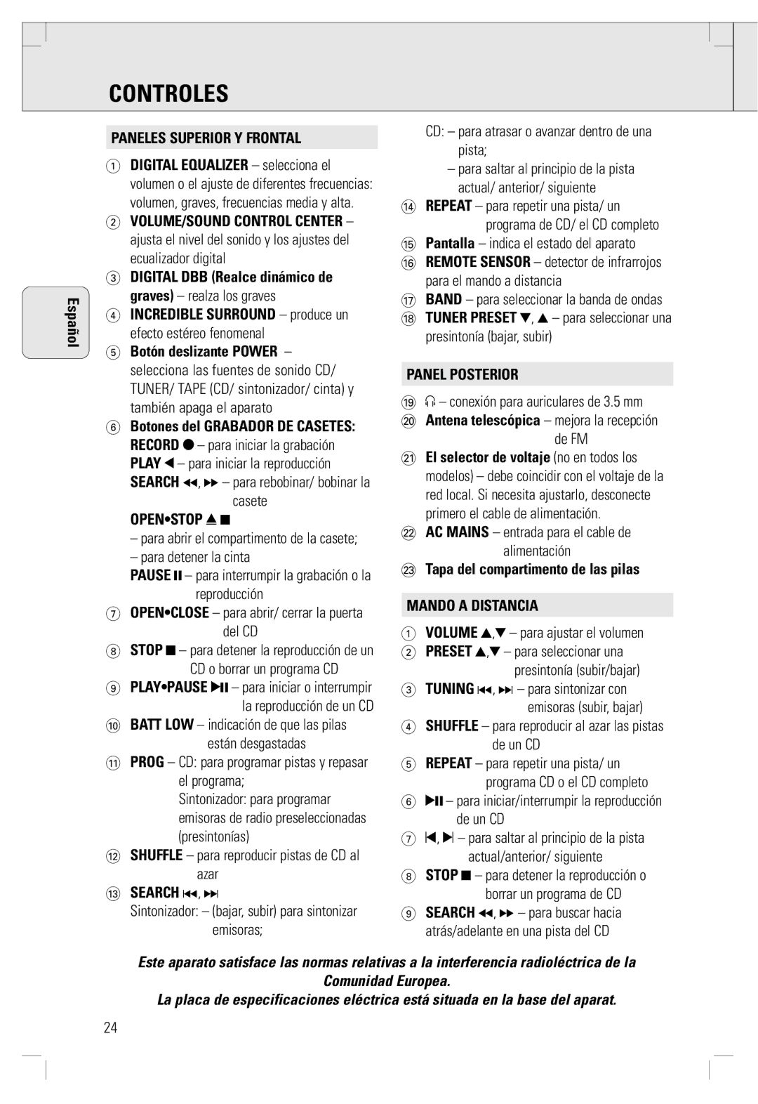 Philips AZ 1565/00 manual Controles, Paneles Superior Y Frontal, Openstop, Panel Posterior, Mando a Distancia 