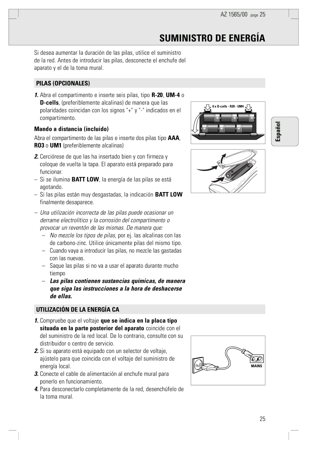 Philips AZ 1565/00 manual Suministro DE Energía, Pilas Opcionales, Mando a distancia incluido, Utilización DE LA Energía CA 