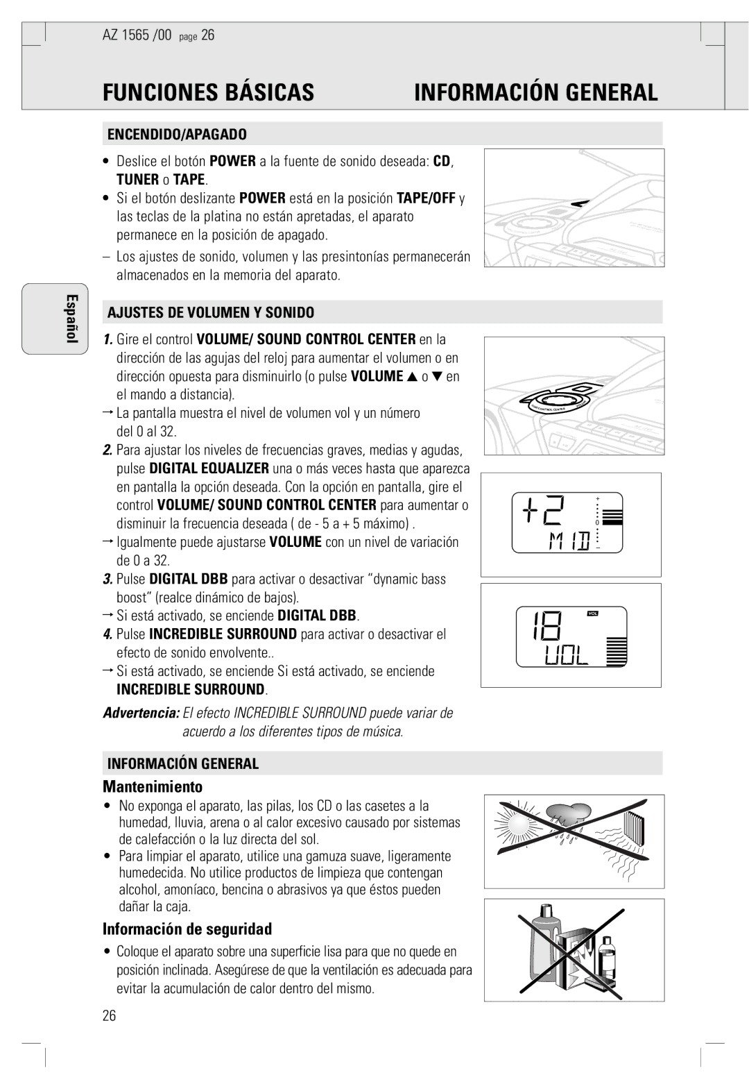 Philips AZ 1565/00 manual Funciones Básicas, Información General, Mantenimiento, Información de seguridad 