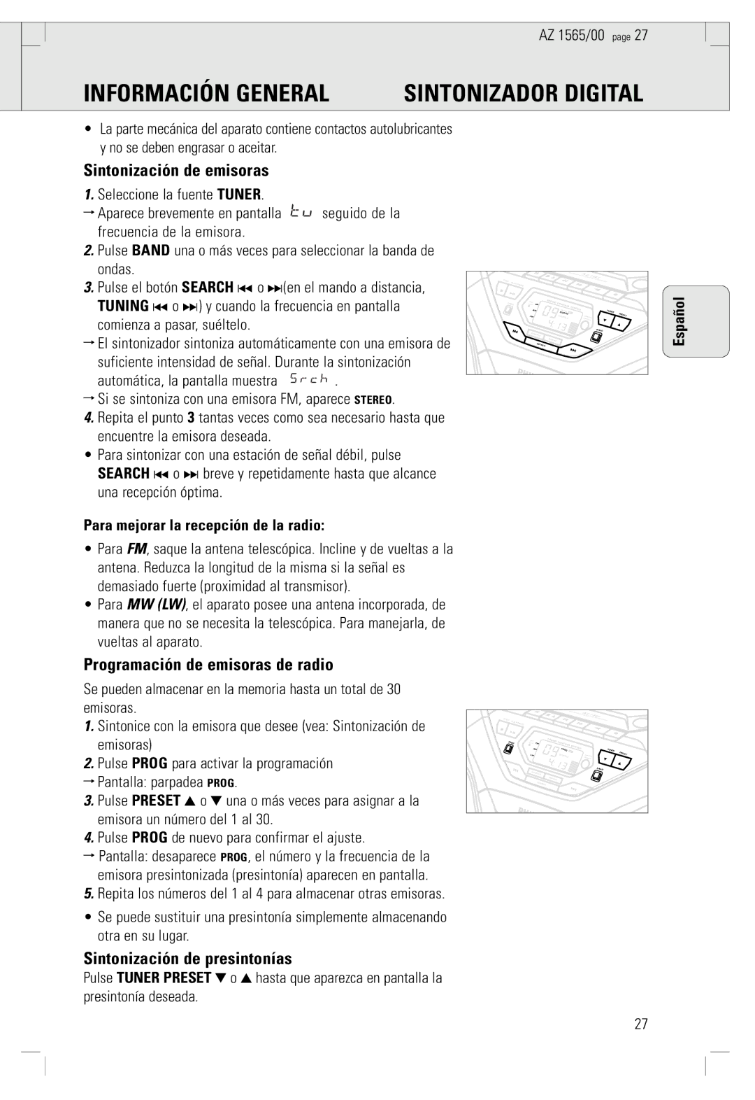 Philips AZ 1565/00 Información General Sintonizador Digital, Sintonización de emisoras, Programación de emisoras de radio 