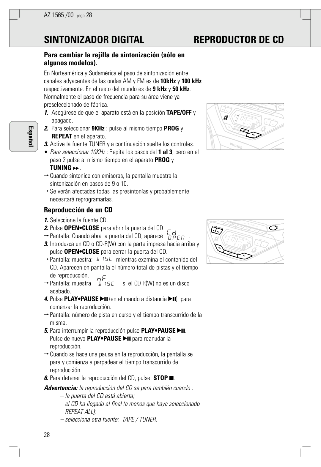 Philips AZ 1565/00 manual Reproducción de un CD, De reproducción Pantalla muestra, La puerta del CD está abierta 