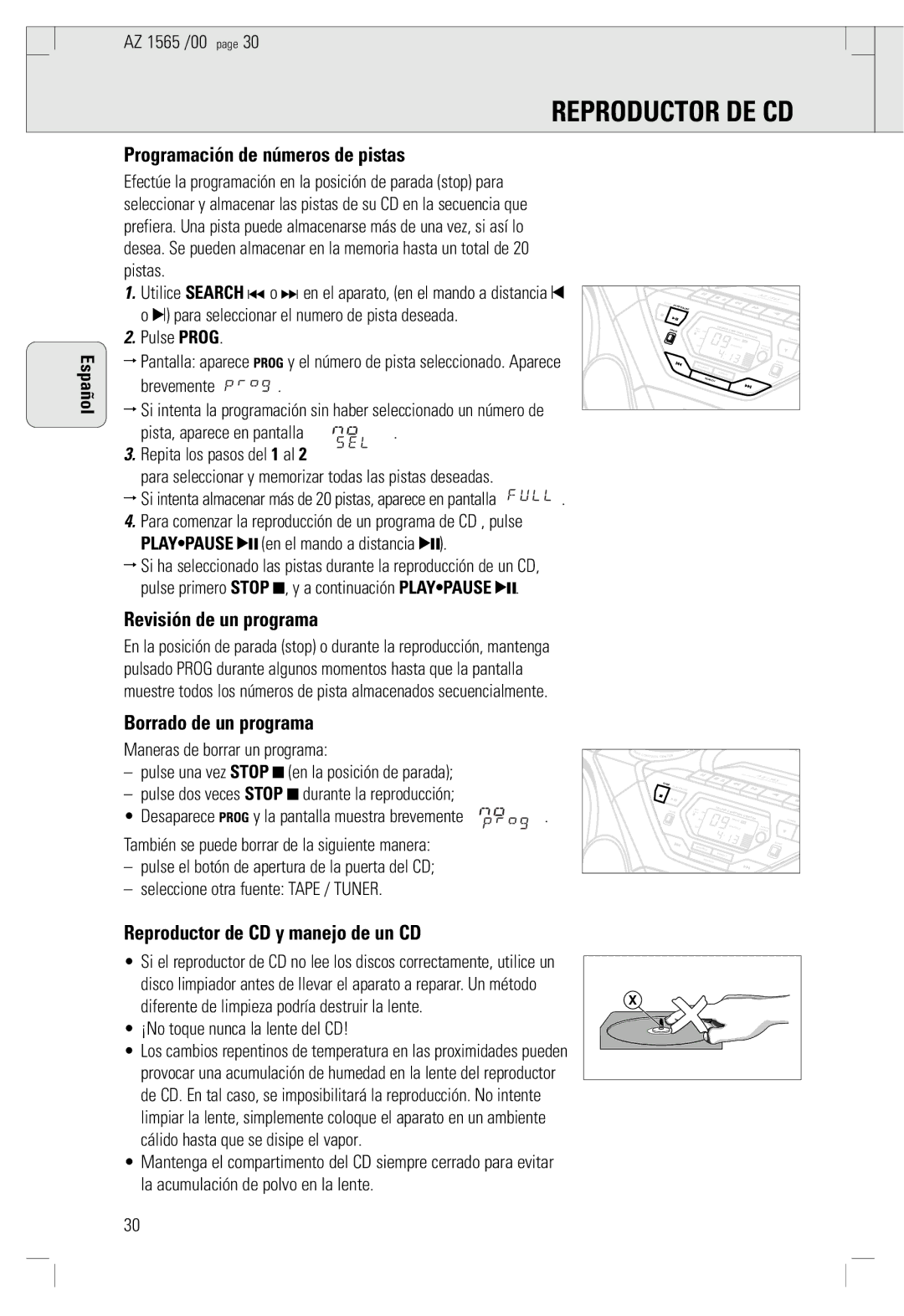 Philips AZ 1565/00 manual Programación de números de pistas, Revisión de un programa, Borrado de un programa 