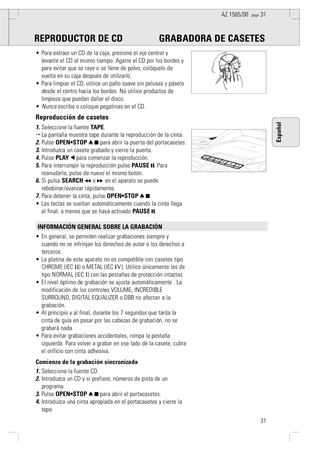 Philips AZ 1565/00 Reproductor DE CD Grabadora DE Casetes, Reproducción de casetes, Información General Sobre LA Grabación 