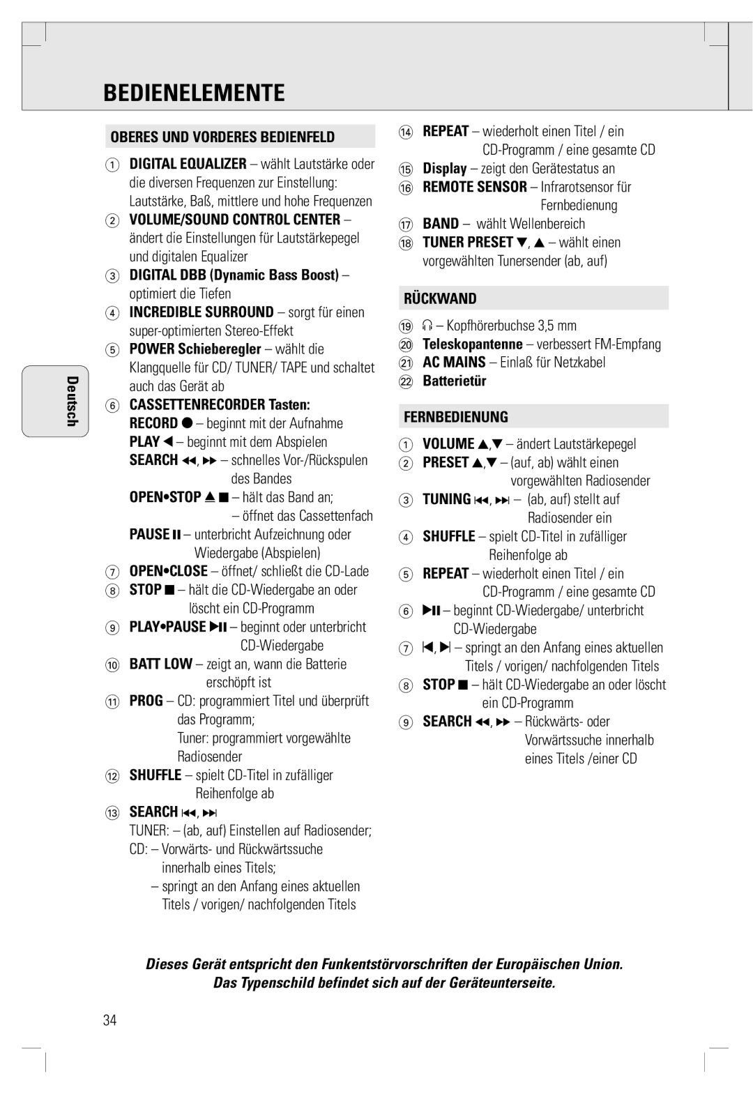 Philips AZ 1565/00 manual Bedienelemente, Oberes UND Vorderes Bedienfeld, Rückwand, Fernbedienung 