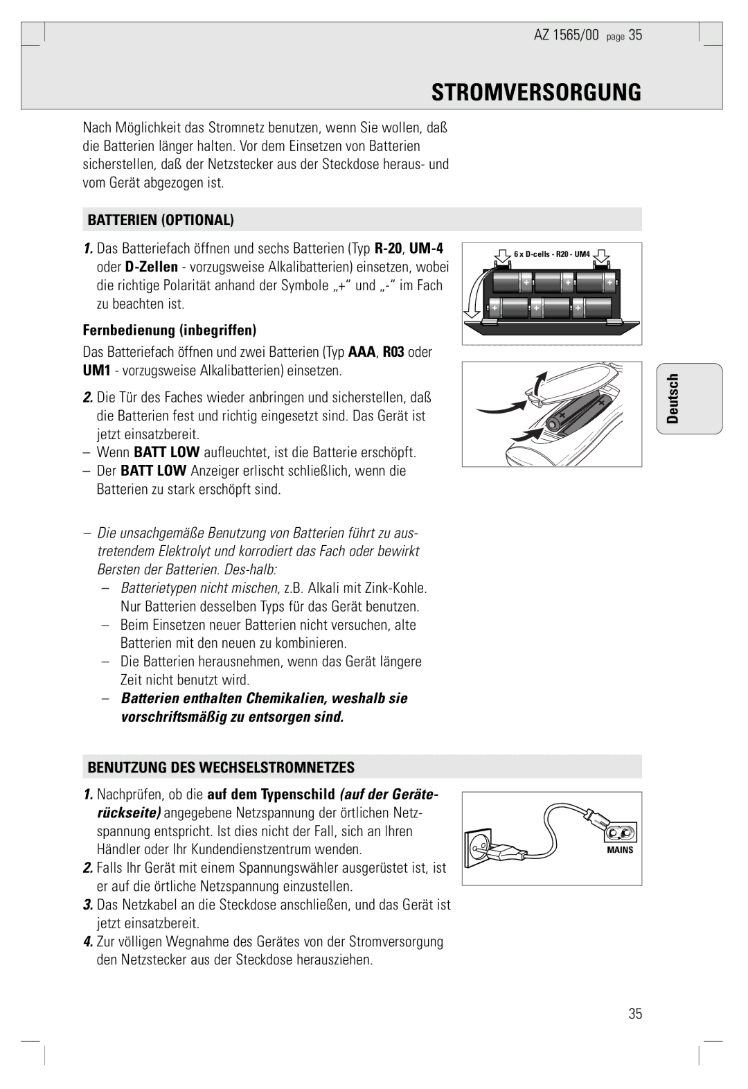 Philips AZ 1565/00 manual Stromversorgung, Batterien Optional, Fernbedienung inbegriffen, Benutzung DES Wechselstromnetzes 