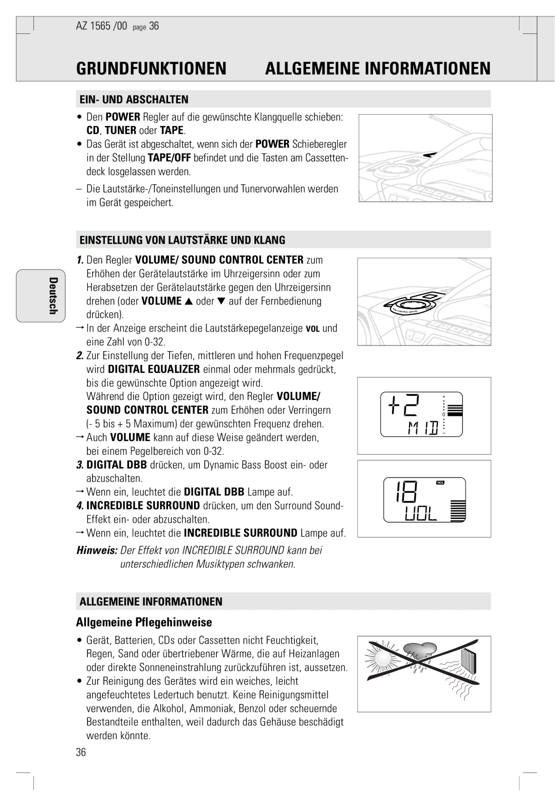 Philips AZ 1565/00 manual Grundfunktionen, Allgemeine Informationen, Allgemeine Pflegehinweise 