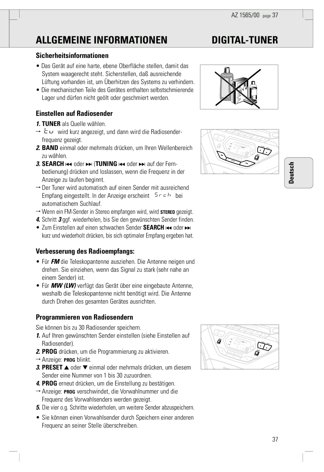 Philips AZ 1565/00 manual Allgemeine Informationen, Digital-Tuner 