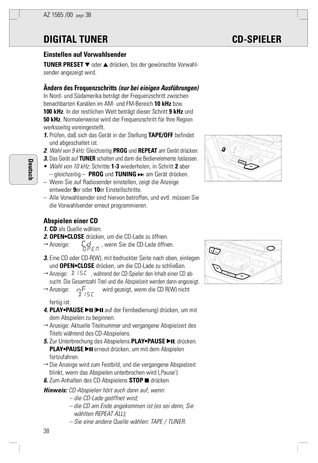 Philips AZ 1565/00 manual Cd-Spieler, Einstellen auf Vorwahlsender, Abspielen einer CD 