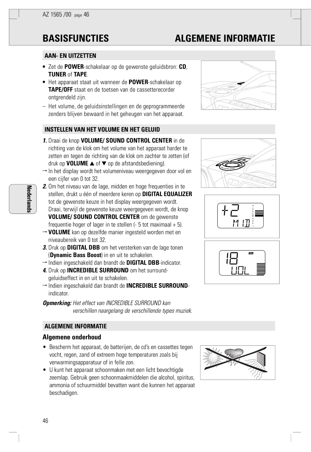 Philips AZ 1565/00 manual Basisfuncties, Algemene Informatie, Algemene onderhoud 