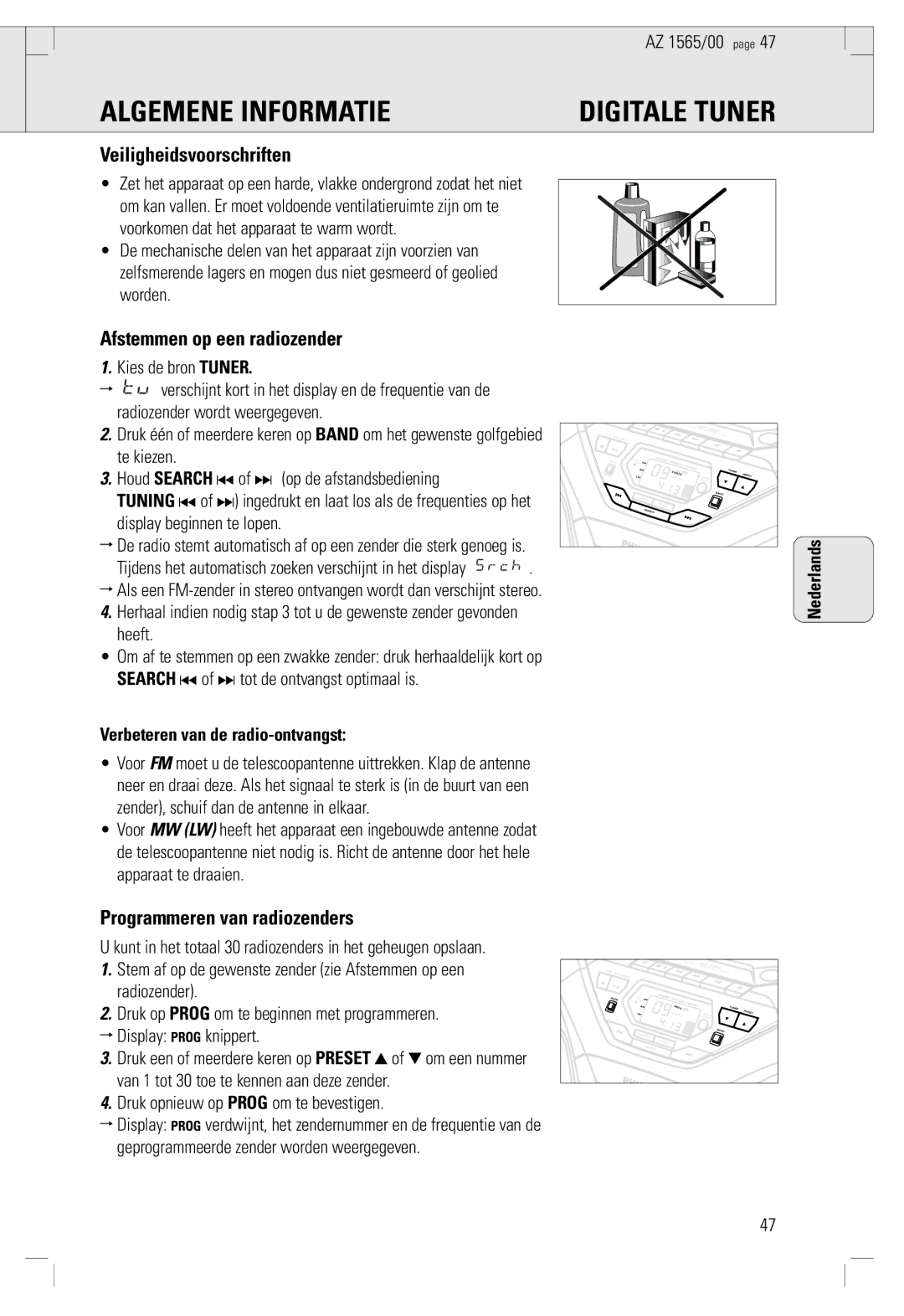 Philips AZ 1565/00 manual Algemene Informatie, Digitale Tuner, Veiligheidsvoorschriften, Afstemmen op een radiozender 