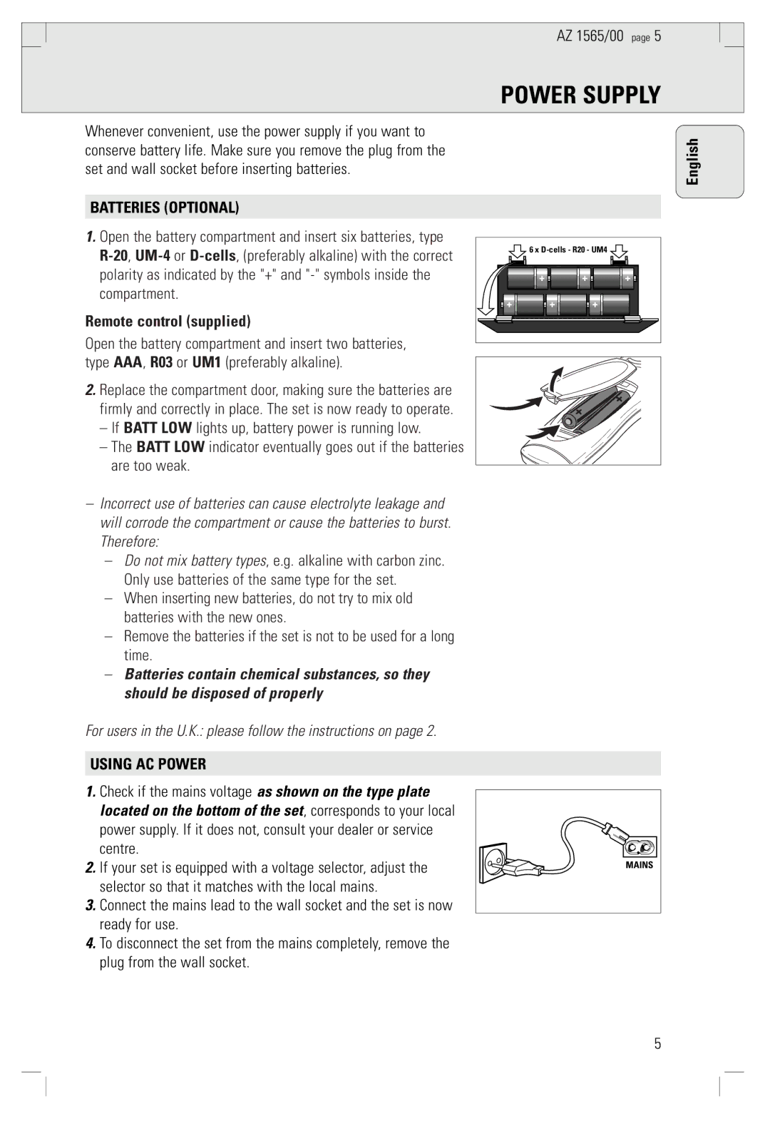 Philips AZ 1565/00 manual Power Supply, Batteries Optional, Remote control supplied, Using AC Power 