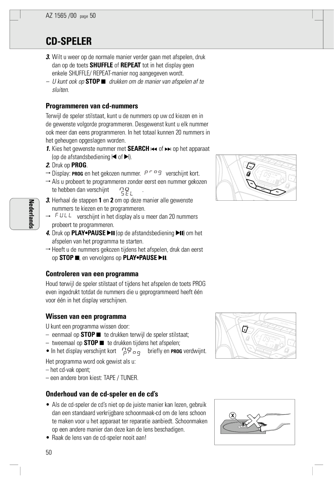 Philips AZ 1565/00 manual Programmeren van cd-nummers, Controleren van een programma, Wissen van een programma 
