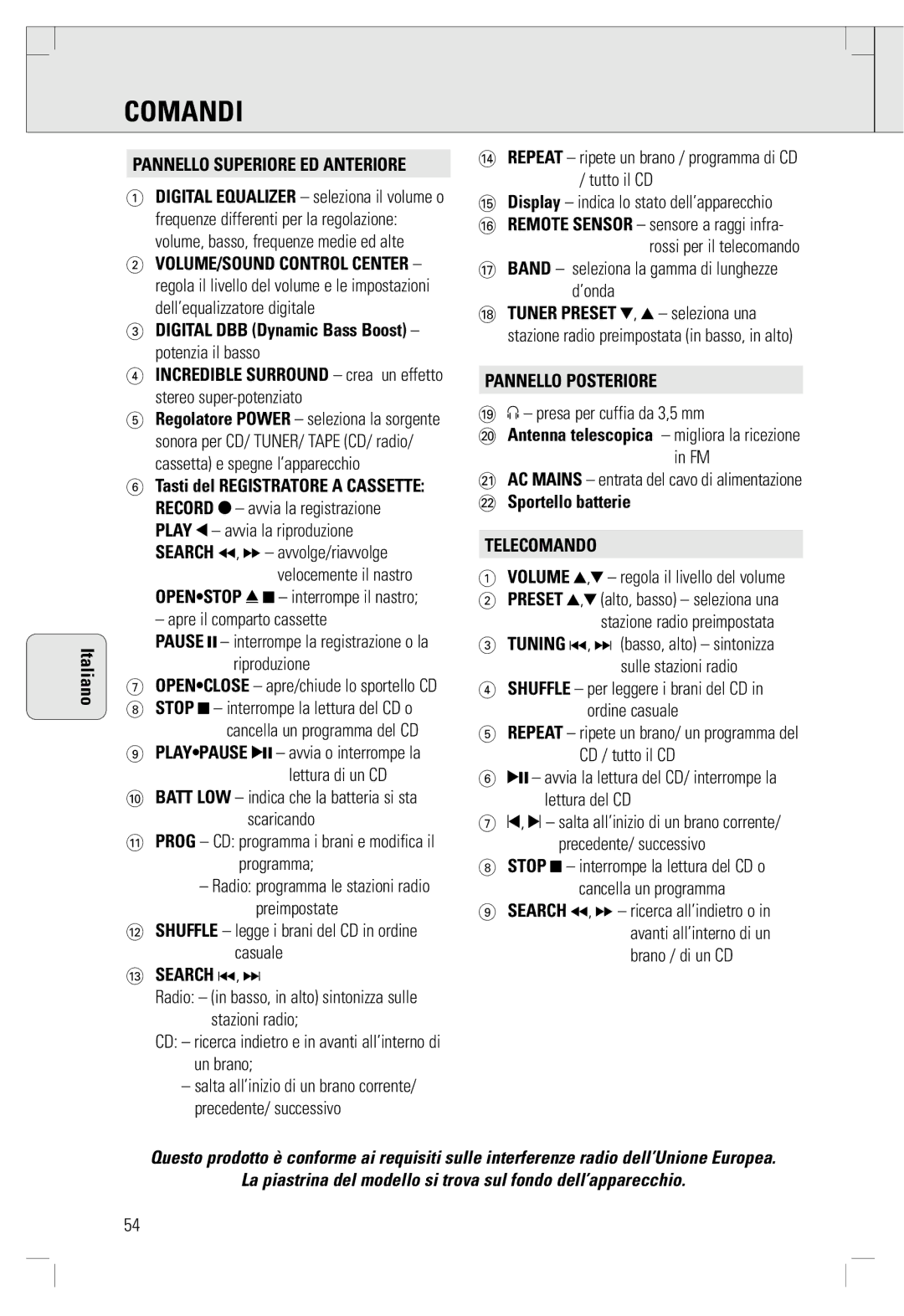 Philips AZ 1565/00 manual Comandi, Pannello Superiore ED Anteriore, Pannello Posteriore, Telecomando 