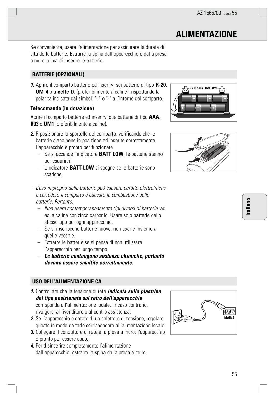 Philips AZ 1565/00 manual Batterie Opzionali, Telecomando in dotazione, Uso Dell’Alimentazione Ca 