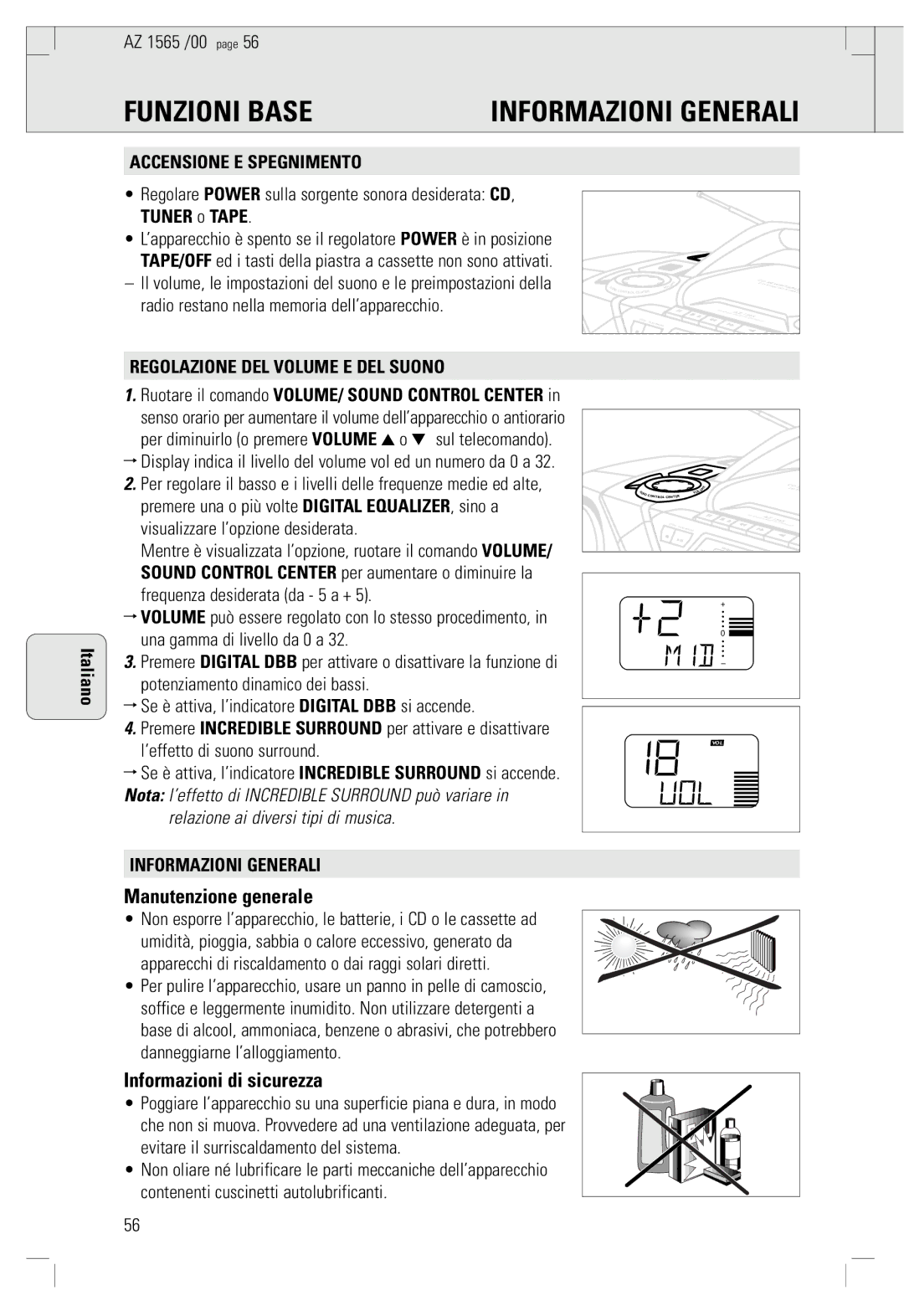 Philips AZ 1565/00 manual Funzioni Base, Manutenzione generale, Informazioni di sicurezza 