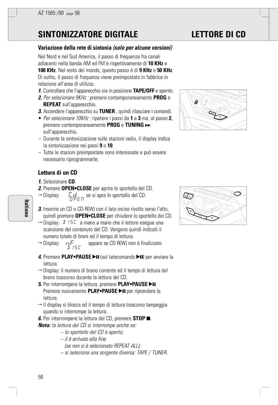 Philips AZ 1565/00 manual Lettura di un CD, Numero totale di brani ed il tempo di lettura Display 