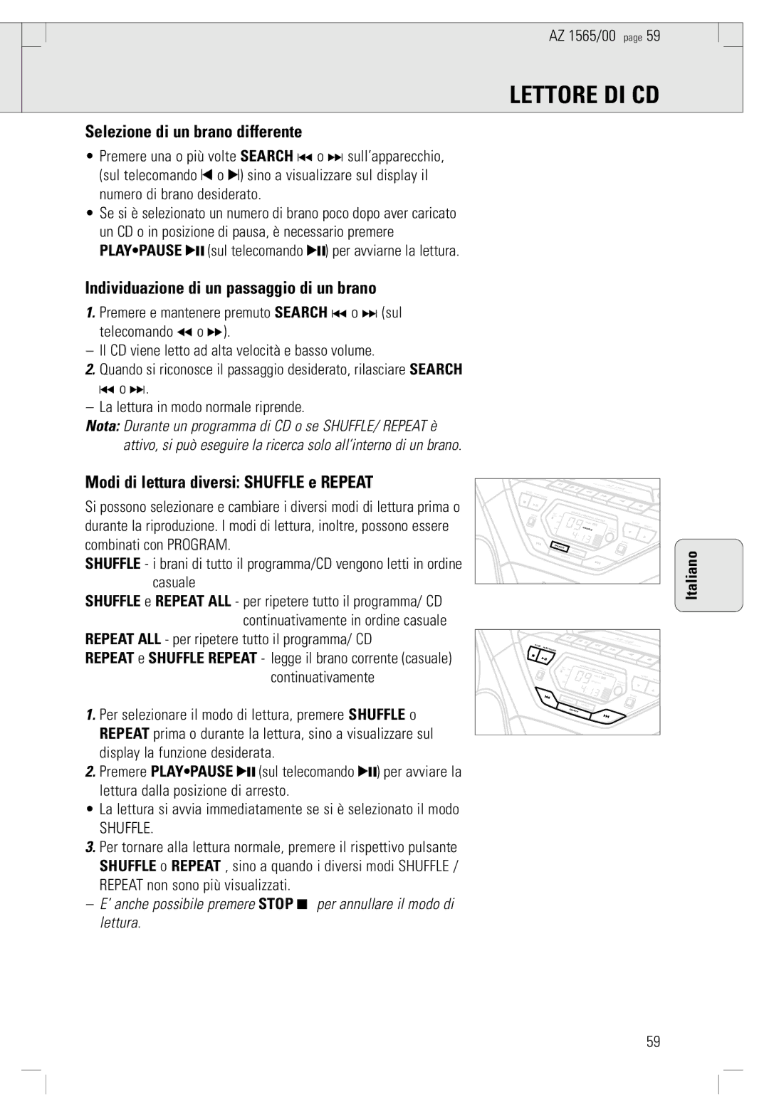 Philips AZ 1565/00 manual Lettore DI CD, Selezione di un brano differente, Individuazione di un passaggio di un brano 