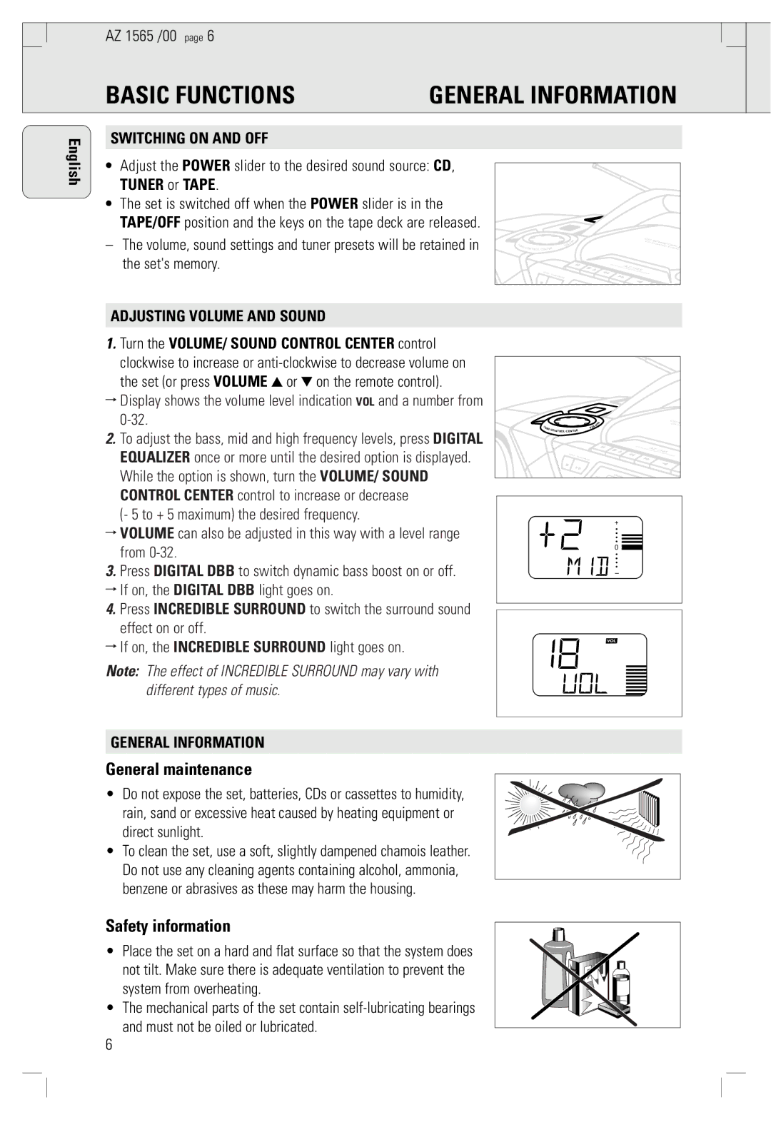 Philips AZ 1565/00 manual Basic Functions, General Information, General maintenance, Safety information 