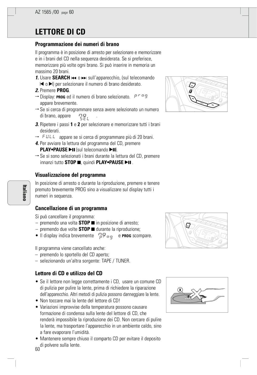 Philips AZ 1565/00 manual Programmazione dei numeri di brano, Visualizzazione del programma, Cancellazione di un programma 