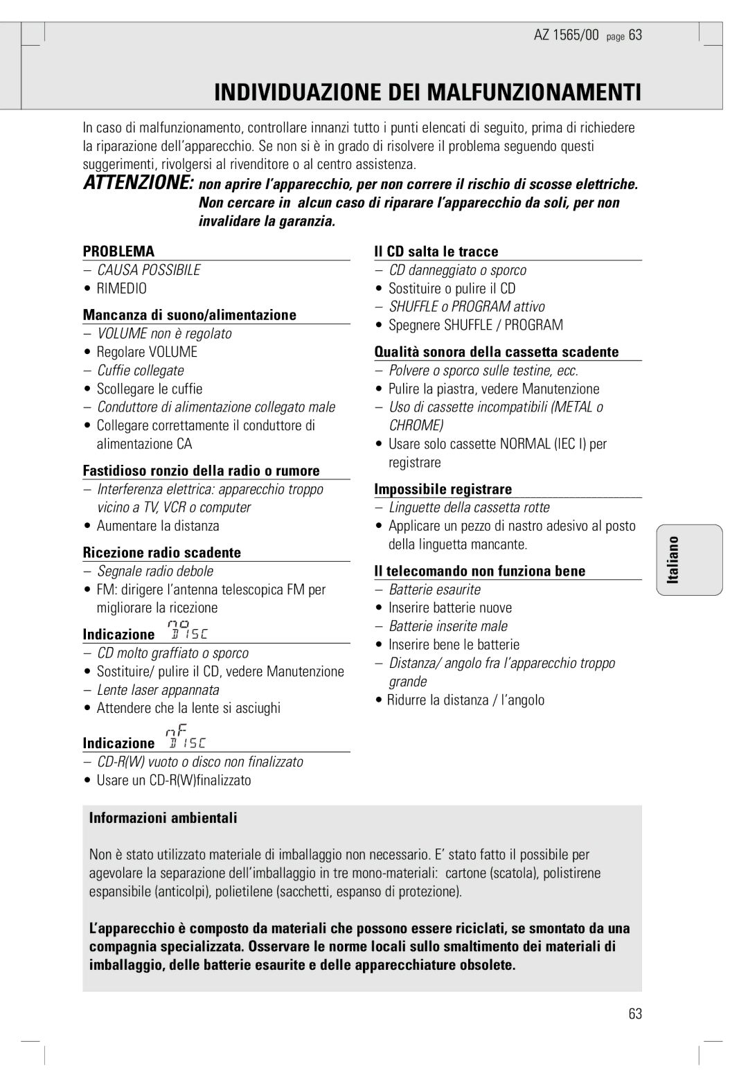 Philips AZ 1565/00 manual Individuazione DEI Malfunzionamenti, Impossibile registrare, Ricezione radio scadente 