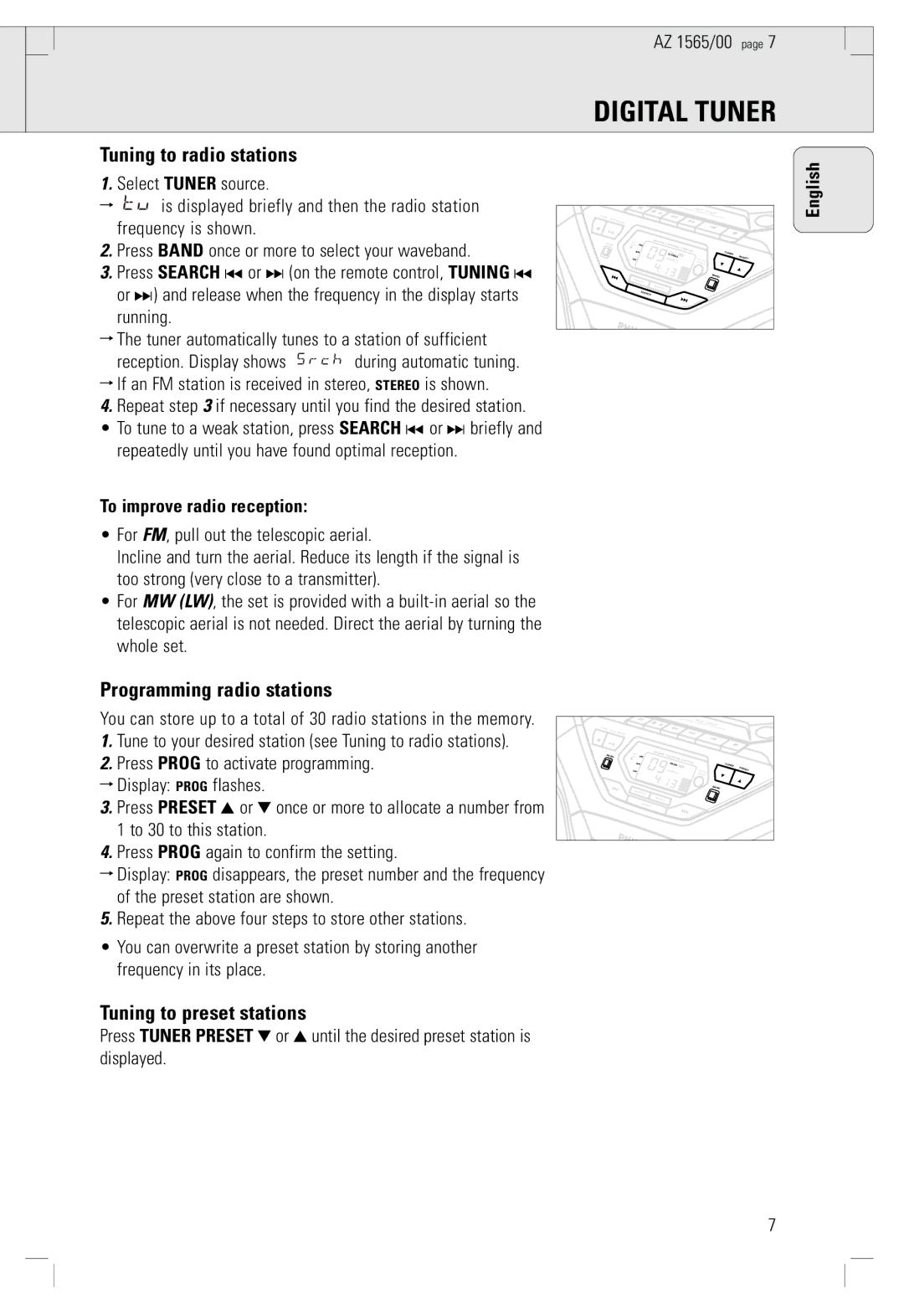 Philips AZ 1565/00 manual Digital Tuner, Tuning to radio stations, Programming radio stations, Tuning to preset stations 
