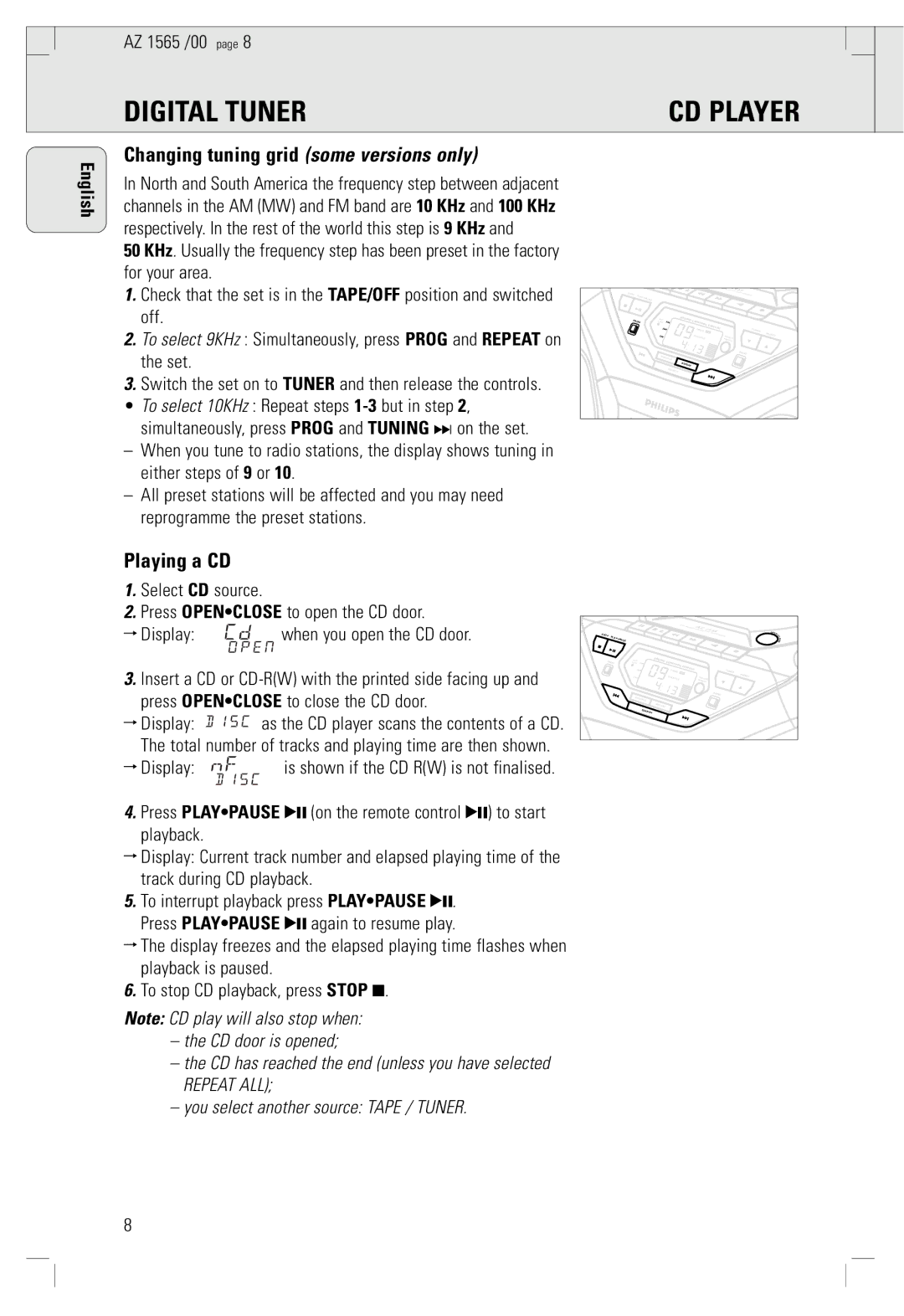 Philips AZ 1565/00 manual CD Player, Changing tuning grid some versions only, Playing a CD, CD door is opened 