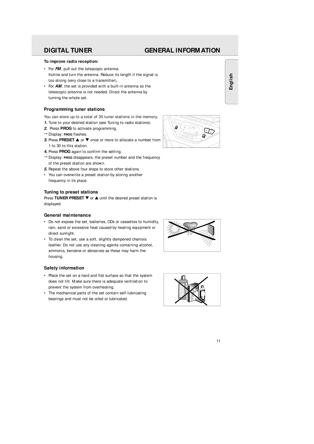 Philips AZ 1570 manual Digital Tuner, English Programming tuner stations, Tuning to preset stations, General maintenance 