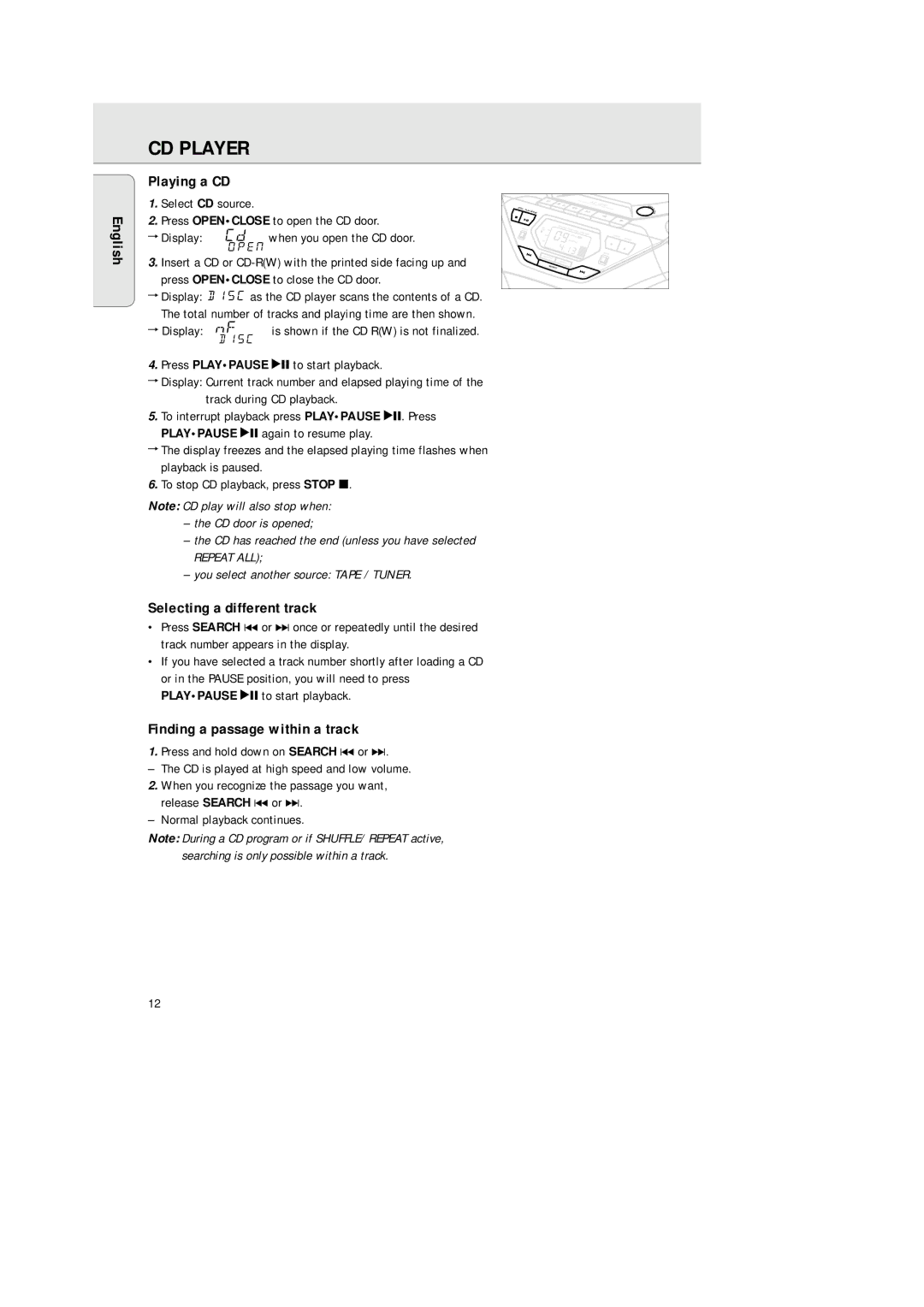 Philips AZ 1570 manual CD Player, English Playing a CD, Selecting a different track, Finding a passage within a track 