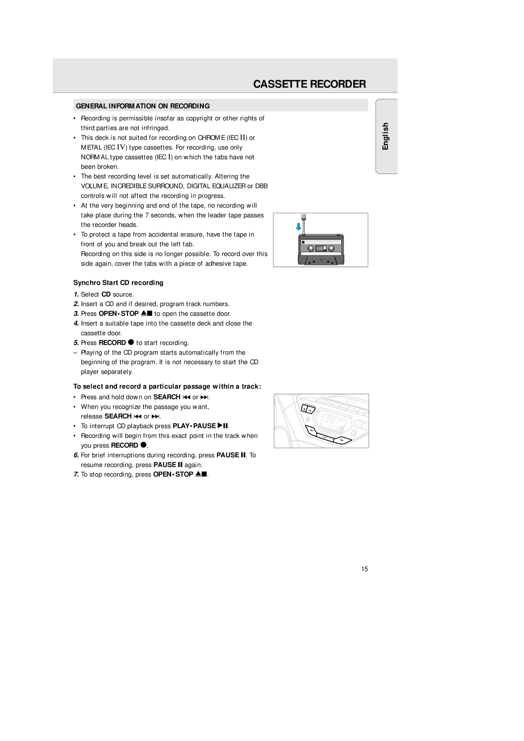 Philips AZ 1570 manual Cassette Recorder, General Information on Recording, Synchro Start CD recording 