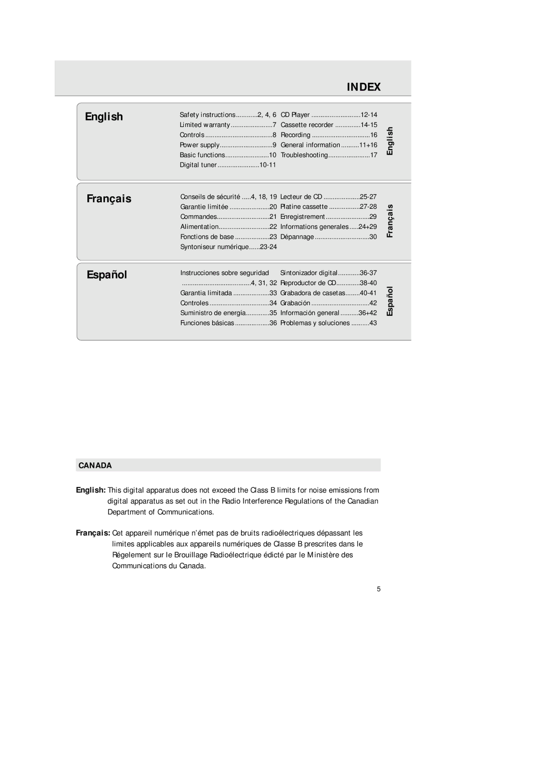 Philips AZ 1570 manual Index, English Français Español, 10-11, 23-24 