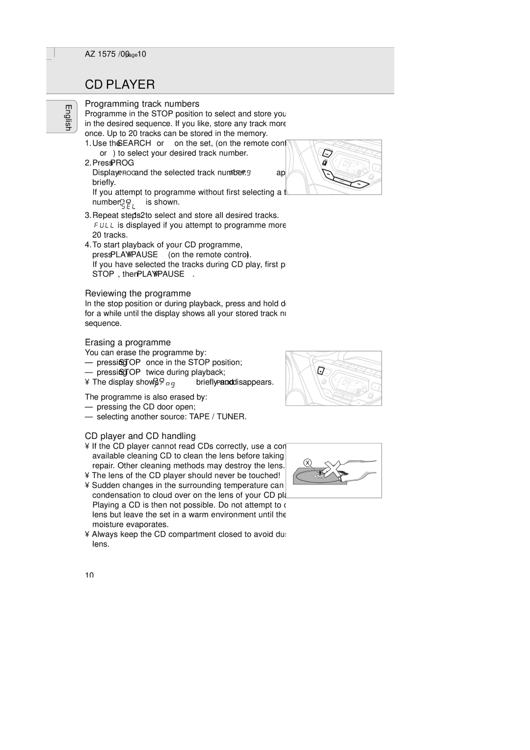 Philips AZ 1574 Programming track numbers, Reviewing the programme, Erasing a programme, CD player and CD handling, Number 