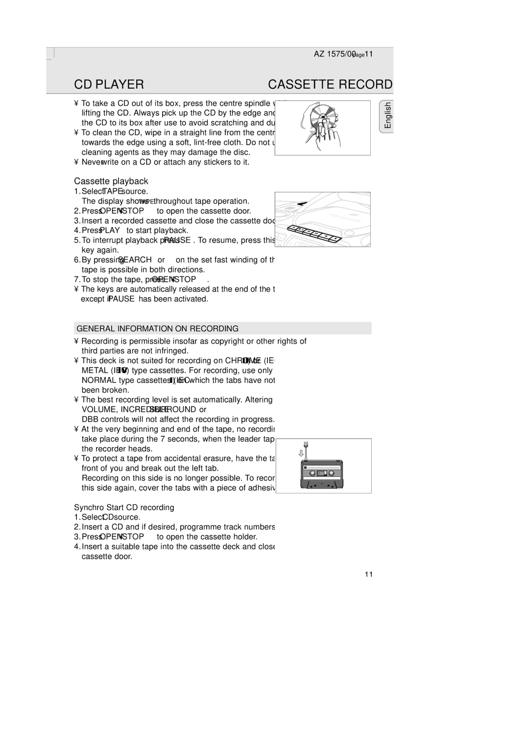 Philips AZ 1574 manual Cassette playback, General Information on Recording, Synchro Start CD recording 