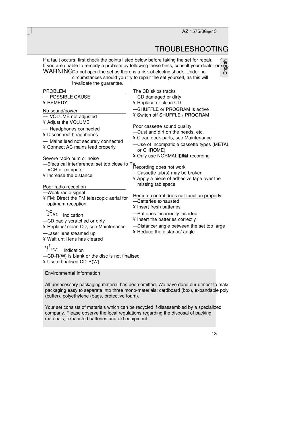 Philips AZ 1574 manual Troubleshooting, Problem 