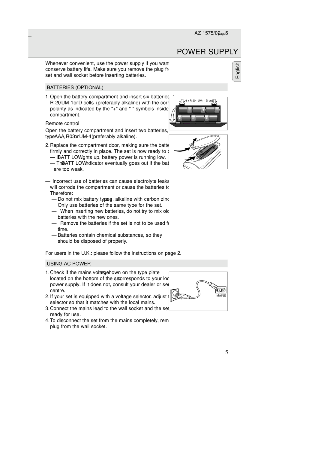 Philips AZ 1574 manual Power Supply, Batteries Optional, Remote control, Using AC Power 