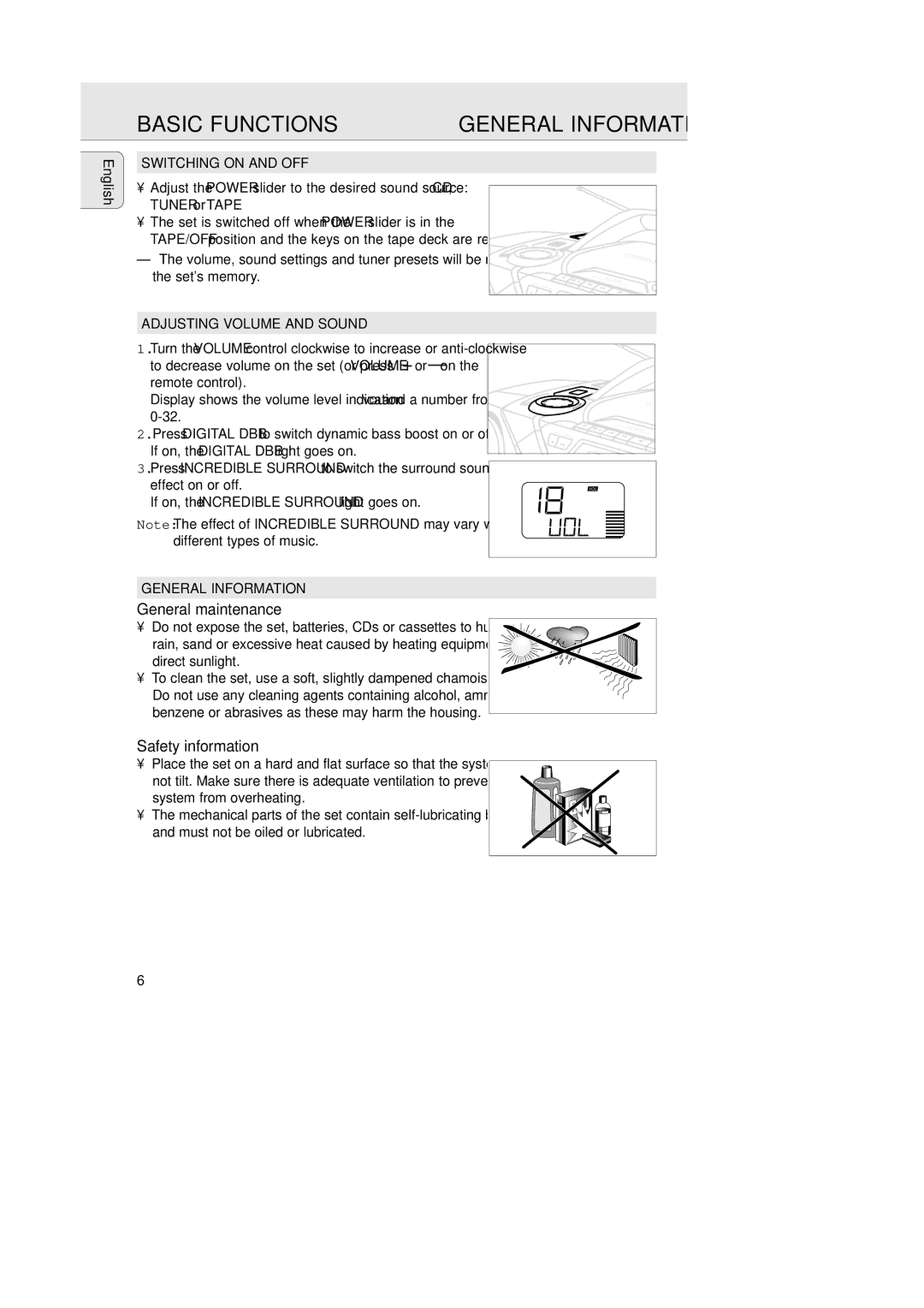 Philips AZ 1574 manual Basic Functions, General maintenance, Safety information 