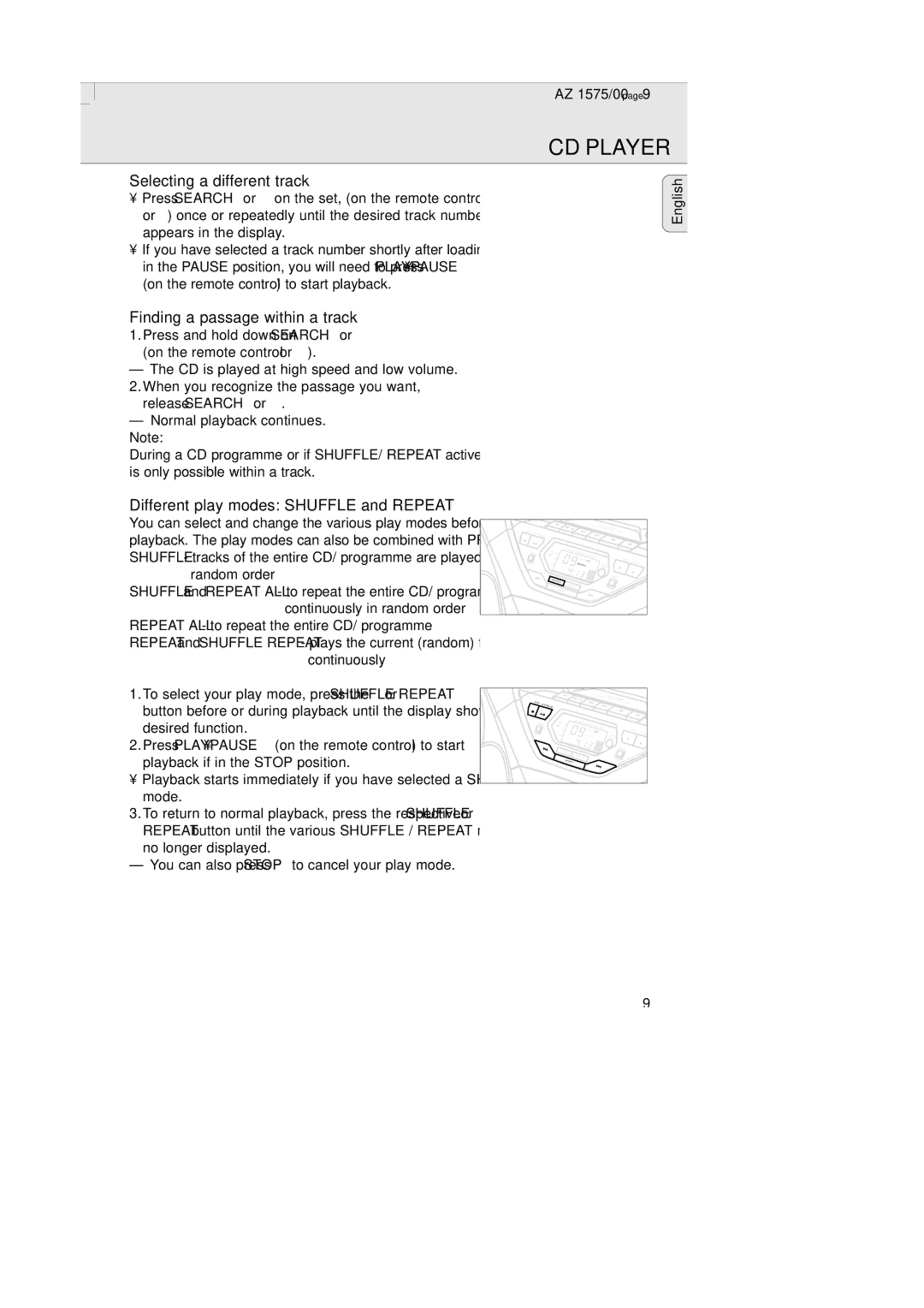 Philips AZ 1574 manual CD Player, Selecting a different track, Finding a passage within a track 