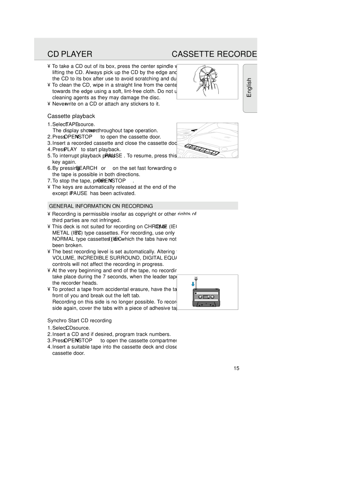 Philips AZ 1575 manual English Cassette playback, General Information on Recording, Synchro Start CD recording 