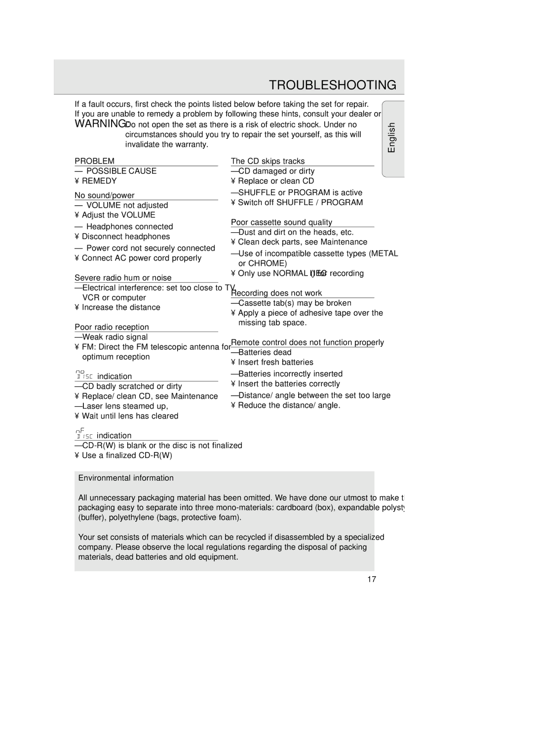 Philips AZ 1575 manual Troubleshooting, Problem 