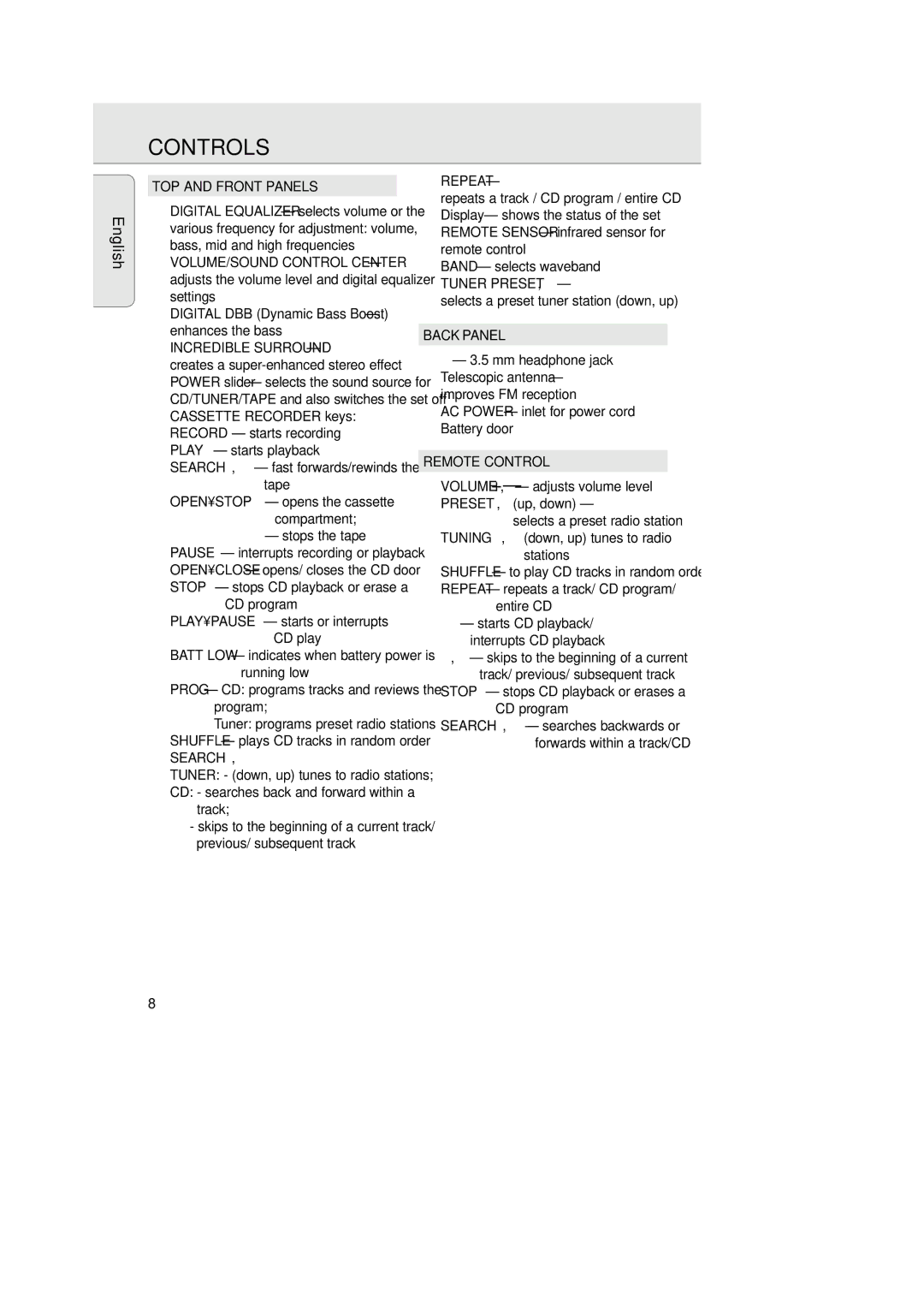 Philips AZ 1575 manual Controls, English 