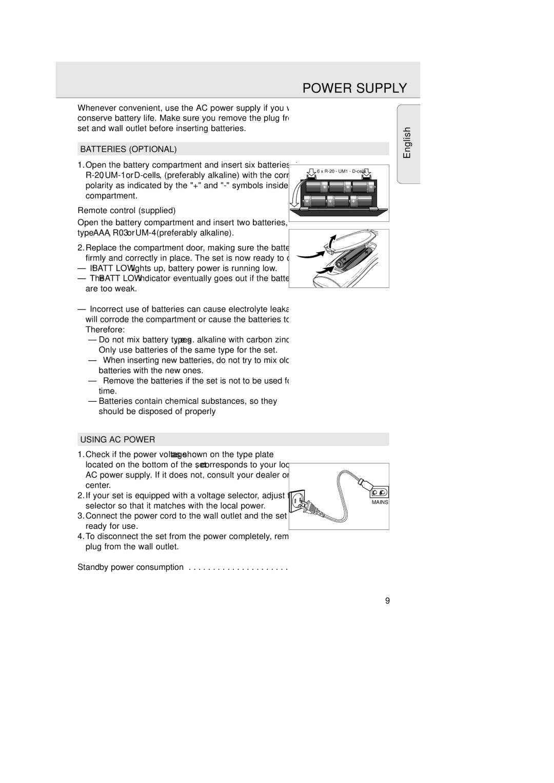 Philips AZ 1575 manual Power Supply, Batteries Optional, Remote control supplied, Using AC Power 