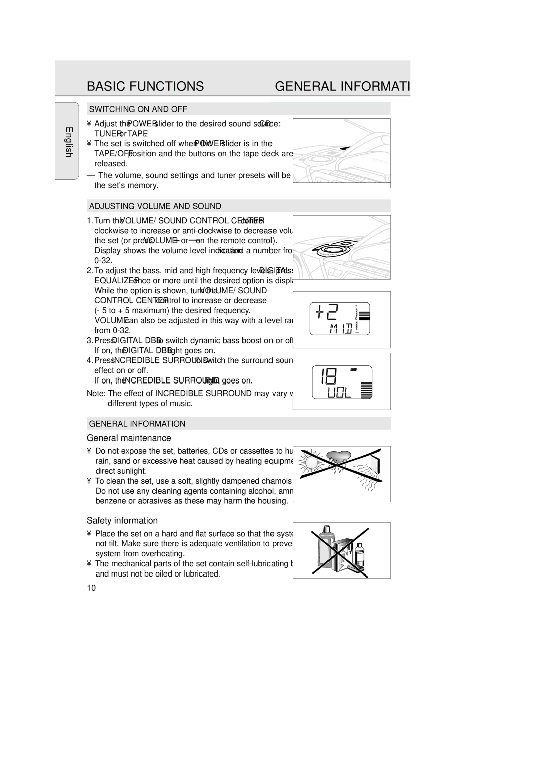 Philips AZ 1575 manual Basic Functions, General maintenance, Safety information 